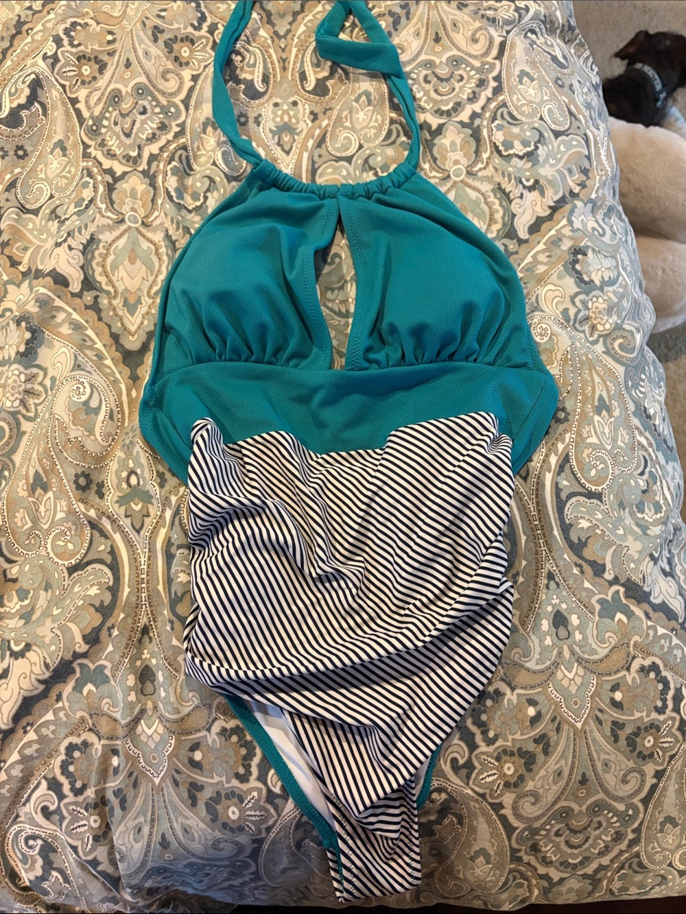 Cupshe Teal Halter One-Piece Swimsuit with bottom half Navy-and-White Stripes.